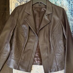 Women's Brown Leather Jacket with Decorative Stitching